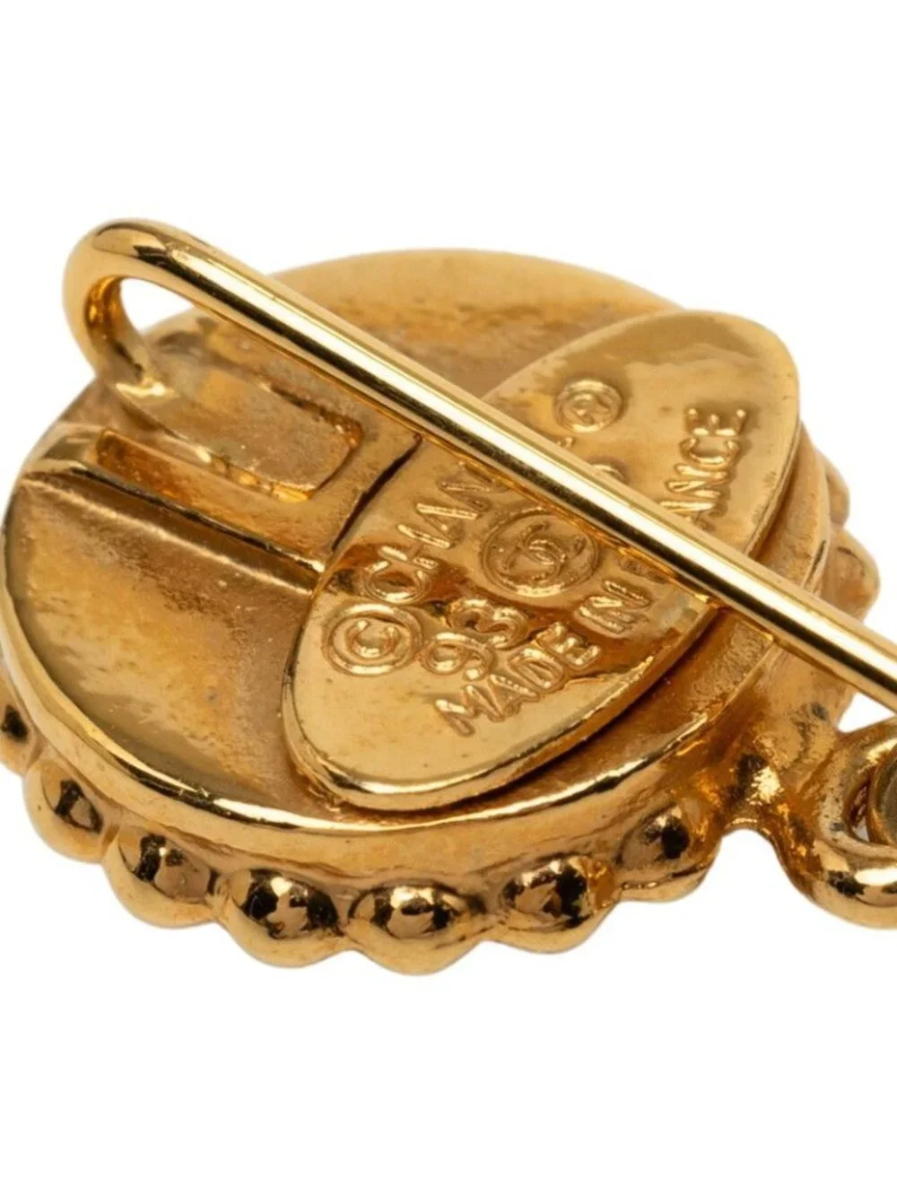 Chanel Clover Motif Pin Brooch Gold Black Plated Faux Pearl